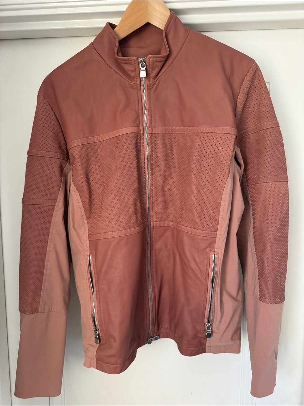 Anatomie Terracotta Pink Perforated Leather Travel Jacket